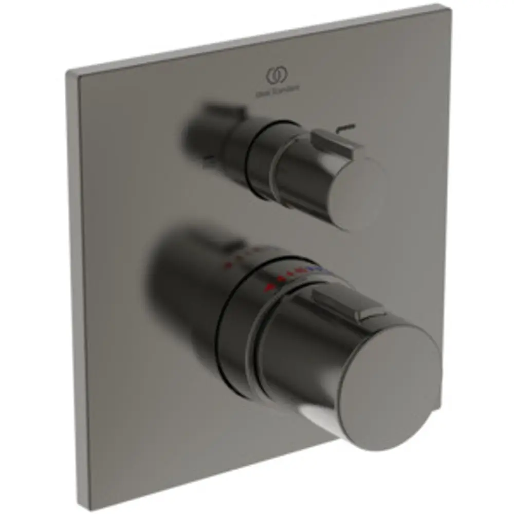 Thermostat von Ideal Standard mit zwei Reglern auf einer quadratischen Wandplatte in einem schlichten Design. Farbton in Magnetic Grey.